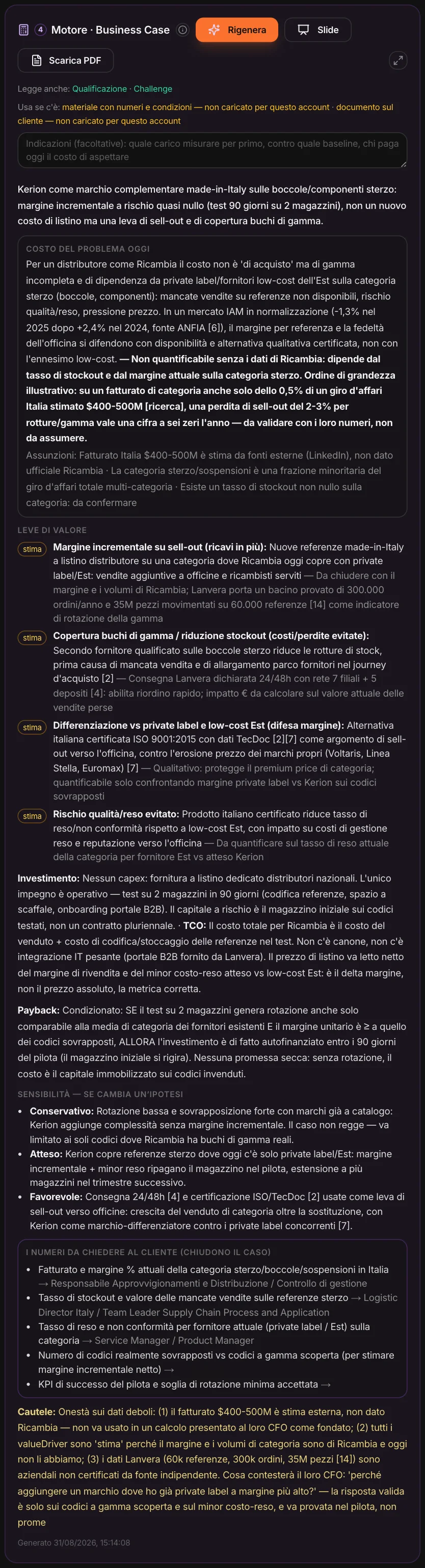 Business Case: costo del problema, leve di valore con dato o stima, investimento, payback, sensibilità, dati da chiedere