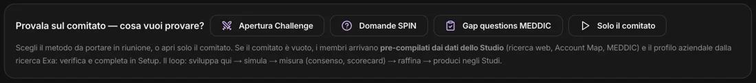 Provala sul comitato: Apertura Challenge, Domande SPIN, Gap questions MEDDIC, Solo il comitato
