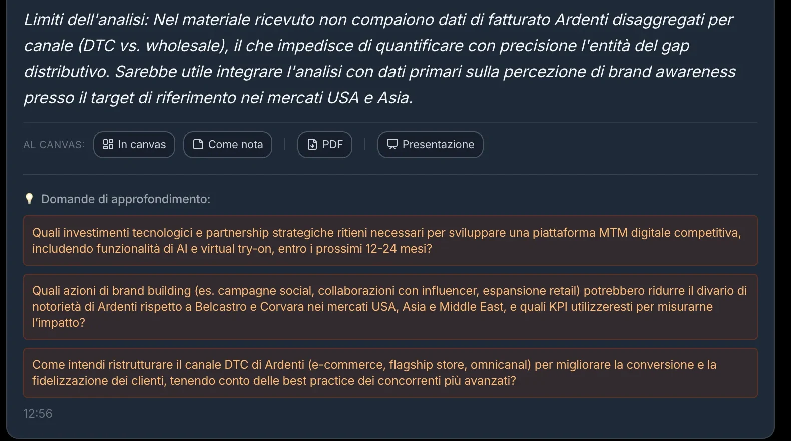 La fine di una risposta: i limiti dell'analisi, i bottoni In canvas, Come nota, PDF, Presentazione, e le domande di approfondimento