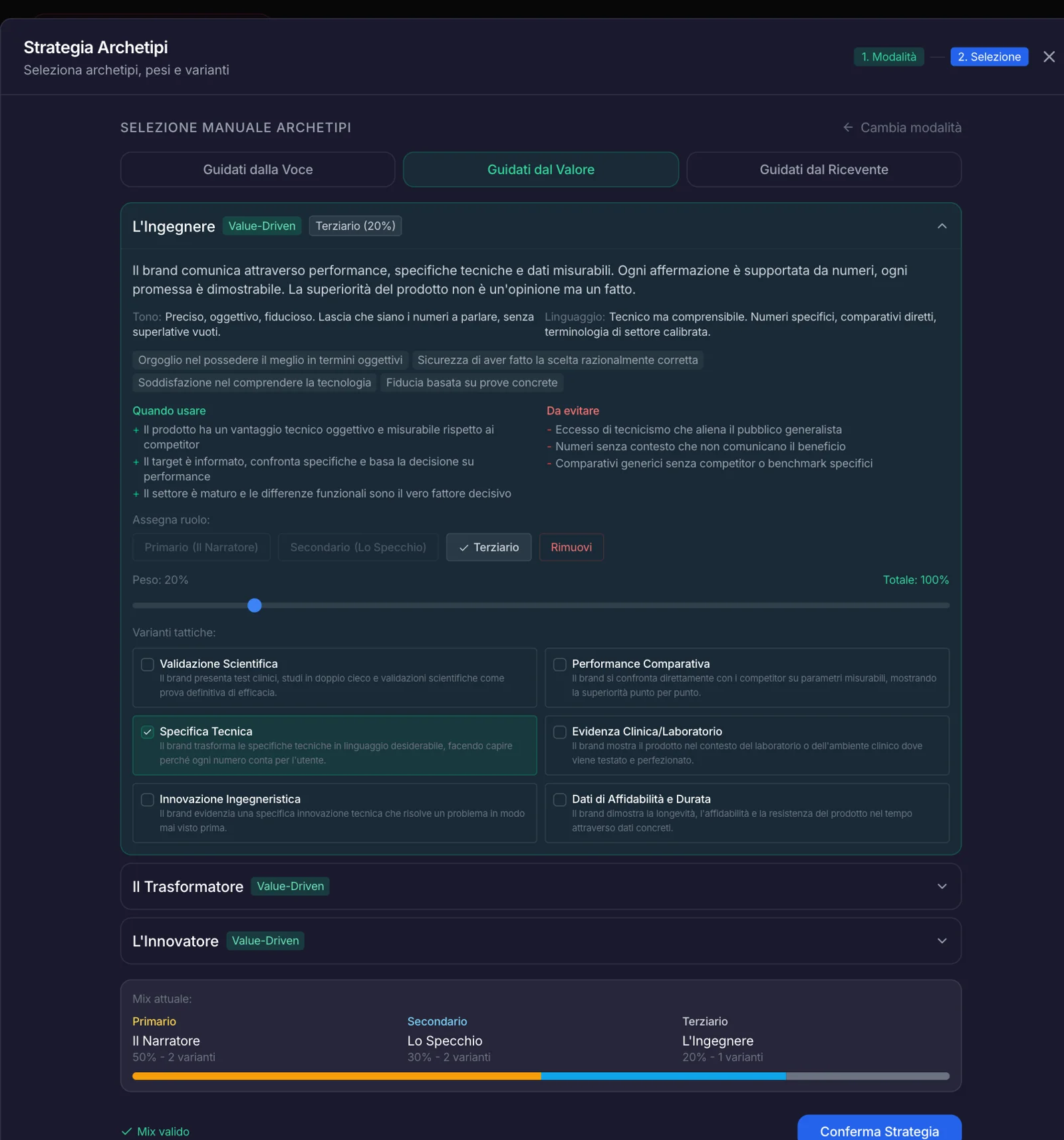 Selezione manuale: L'Ingegnere come terziario al 20%, varianti tattiche, mix attuale Narratore/Specchio/Ingegnere