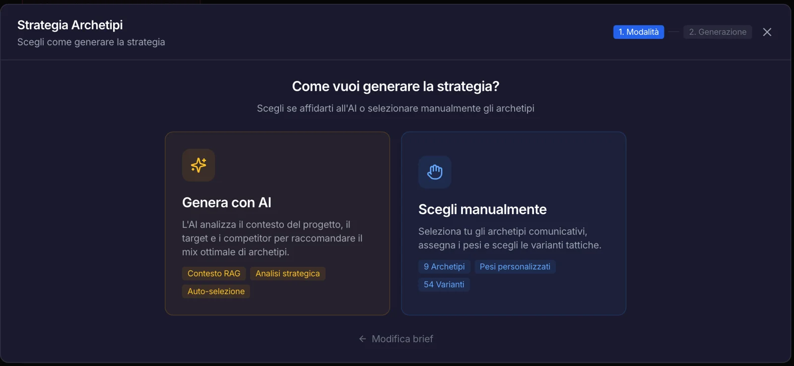 Come vuoi generare la strategia: Genera con AI o Scegli manualmente