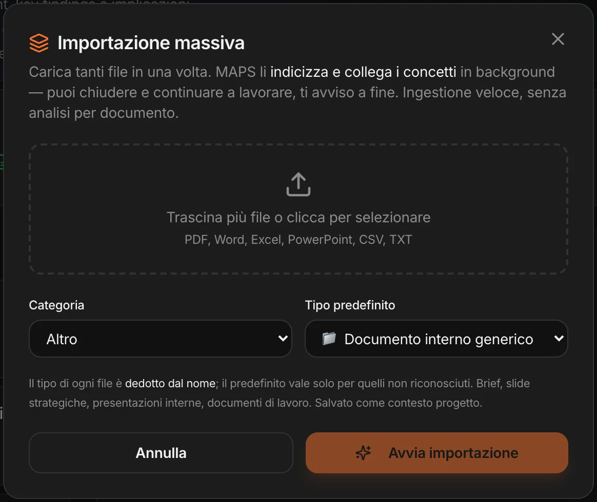 Importazione massiva: più file, indicizzati in background