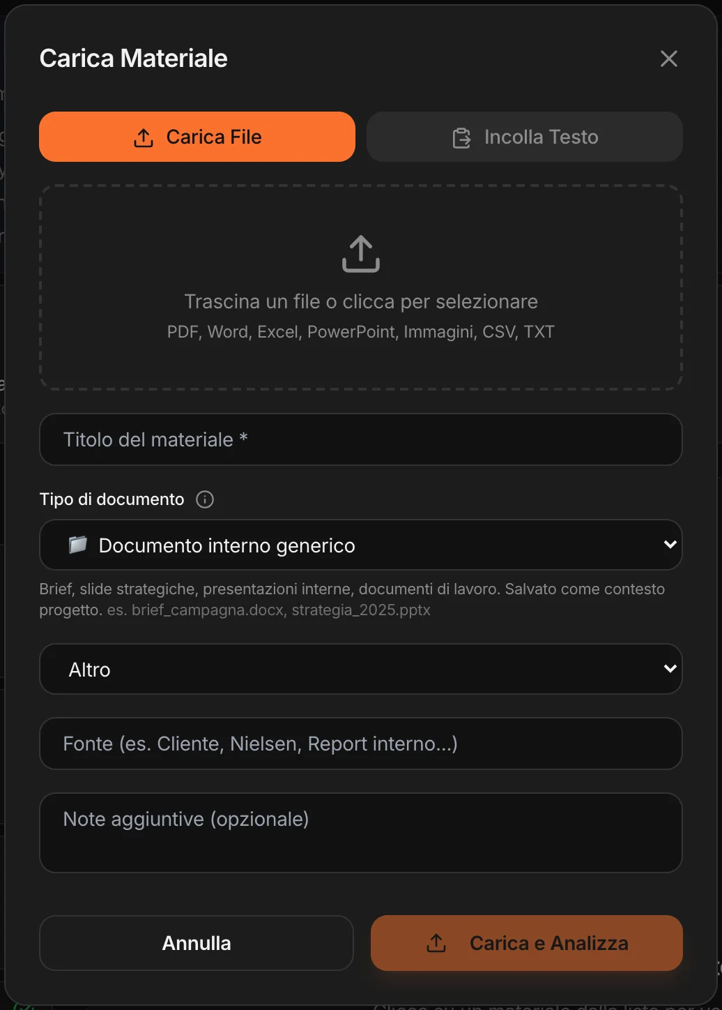 Carica Materiale: file o testo, tipo di documento, fonte