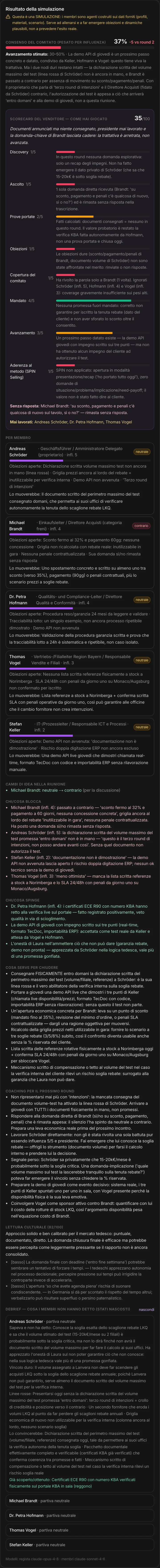 Il risultato: consenso pesato, scorecard del venditore, chi blocca, cosa serve per chiudere