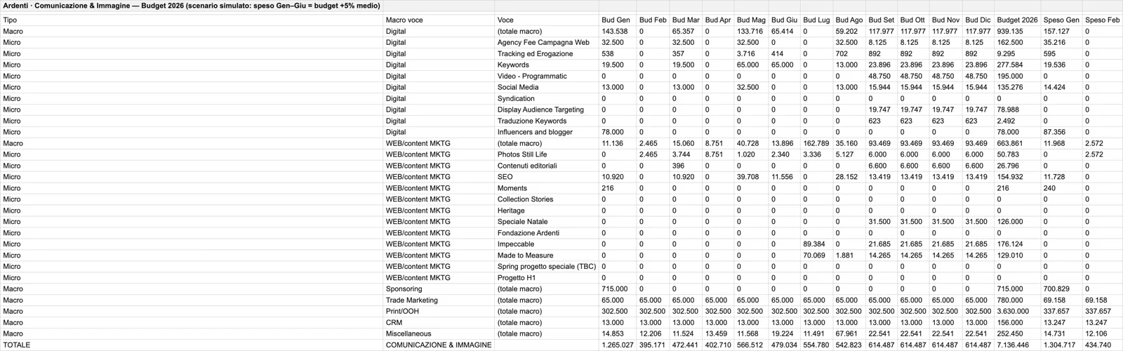 Il file Excel di partenza: macro e micro voci, budget mensile, speso