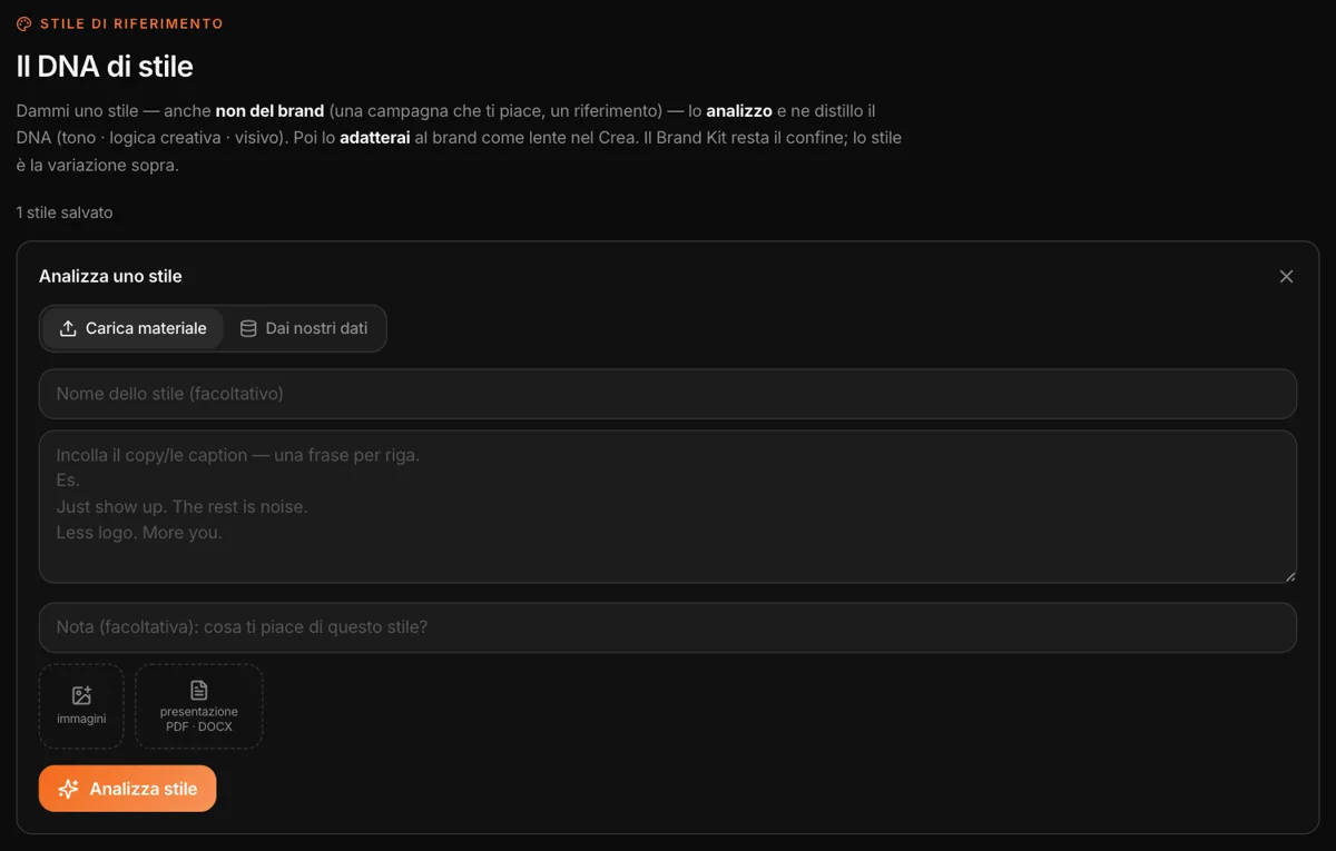 Analizza uno stile: carica materiale — copy, immagini, PDF o Word — oppure dai nostri dati