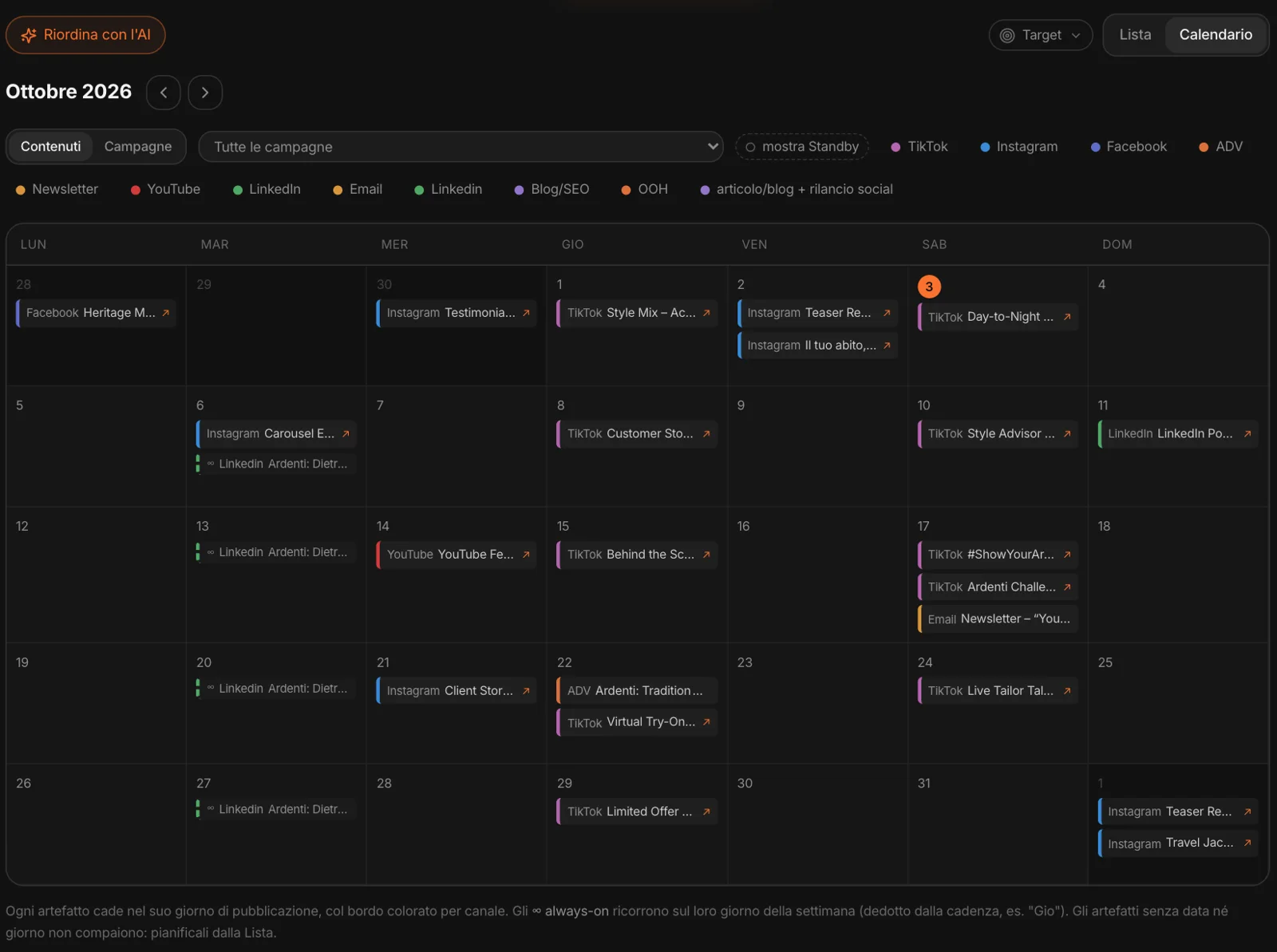 Calendario dei contenuti di ottobre: ogni artefatto nel suo giorno, colorato per canale