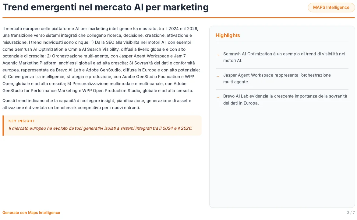 Una slide per tema: testo, key insight, highlights