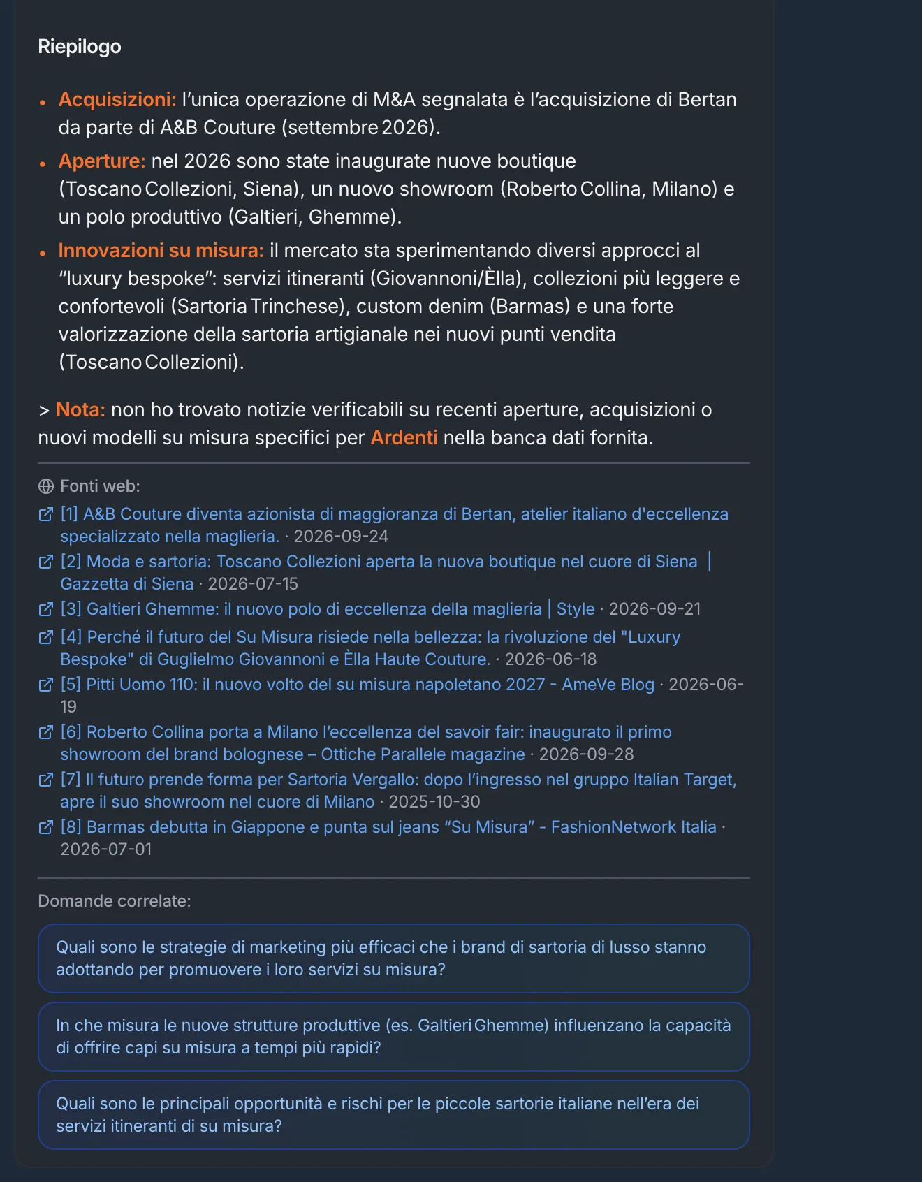 La risposta dal web: riepilogo, fonti con la data, domande per continuare