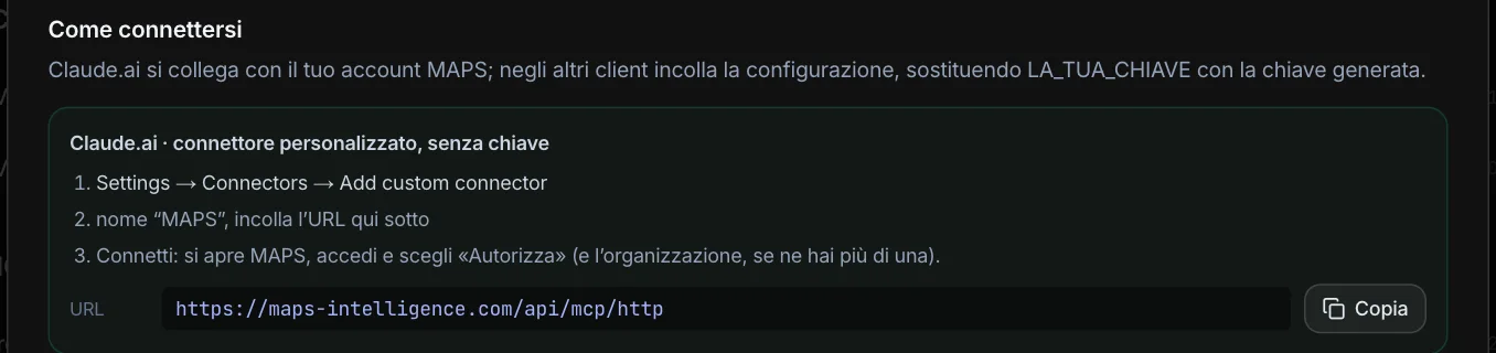 Il collegamento da Claude.ai: connettore personalizzato, senza chiave