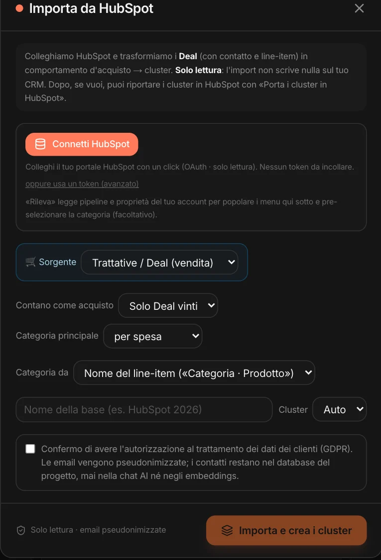 L'import da HubSpot: connessione, sorgente, cosa conta come acquisto, categoria