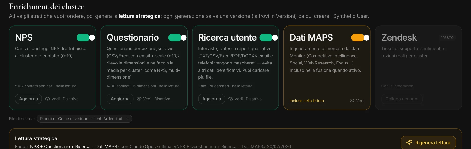 Gli strati: NPS, Questionario, Ricerca utente, Dati MAPS