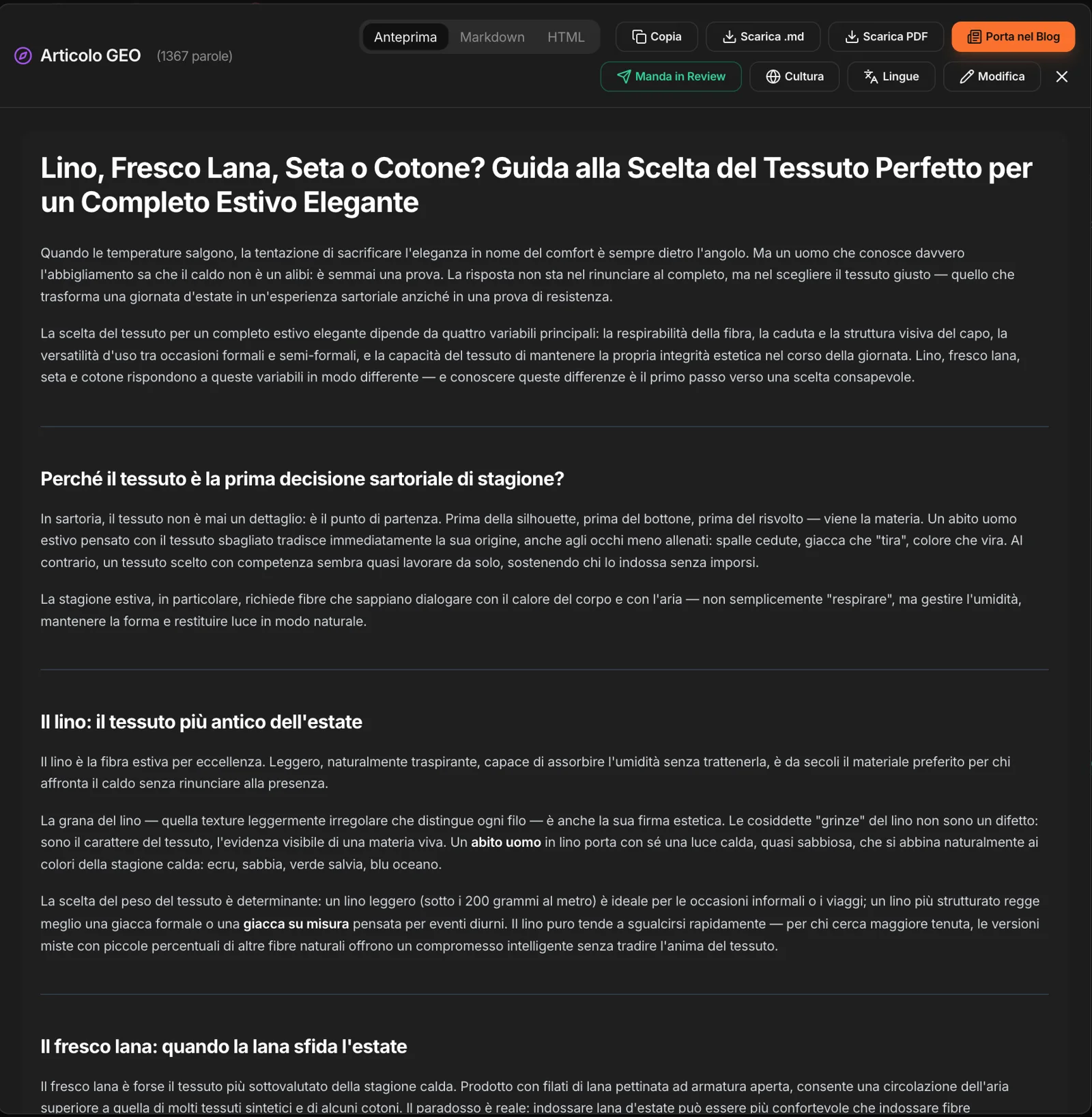 Un articolo GEO generato: anteprima, Markdown, HTML, PDF, Porta nel Blog, Review, Cultura, Lingue, Modifica
