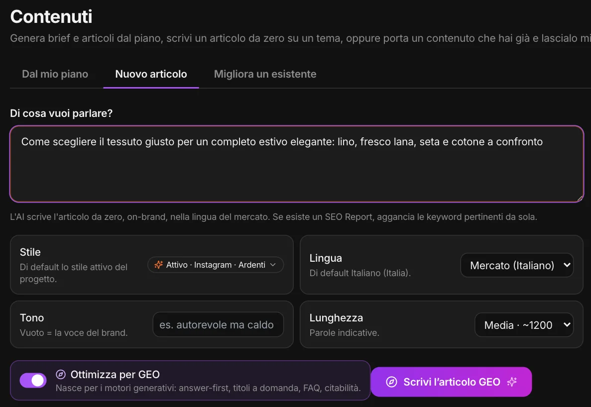 Nuovo articolo: il tema, stile, lingua del mercato, tono, lunghezza, «Ottimizza per GEO»