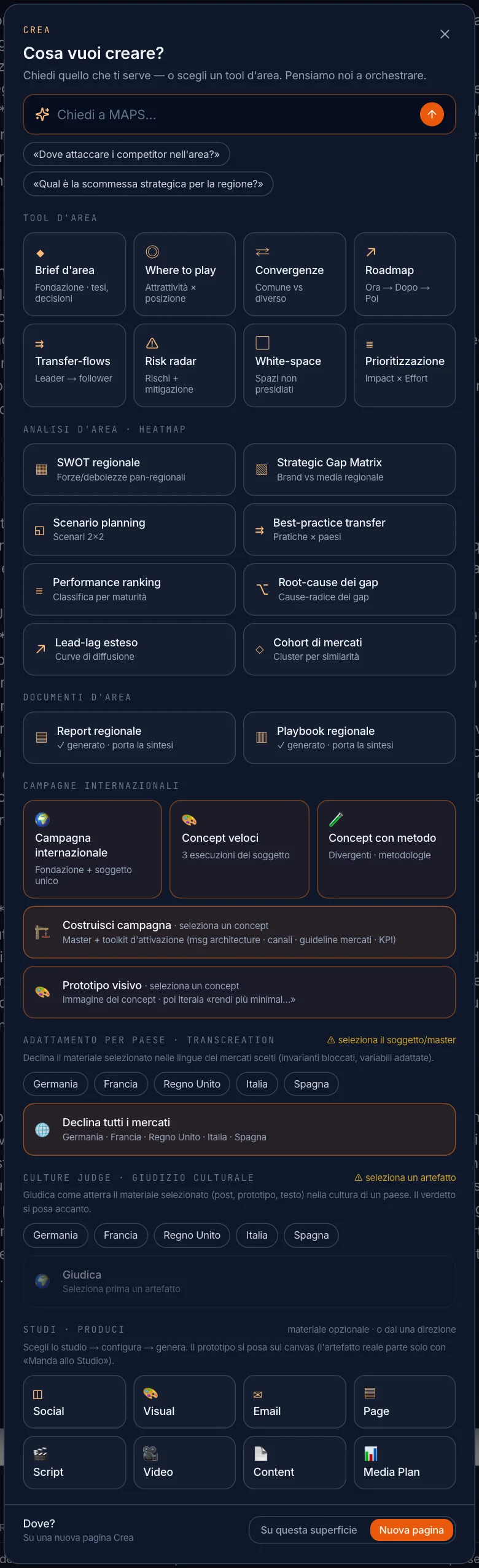Cosa vuoi creare? sul canvas d’area: tool d’area, analisi a heatmap, documenti, campagne internazionali, transcreation, Culture Judge, Studi