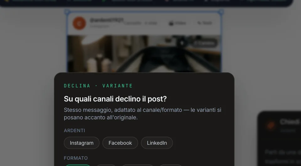 Declina: i canali Instagram, Facebook e LinkedIn e il formato — stesso, post, carosello, storie