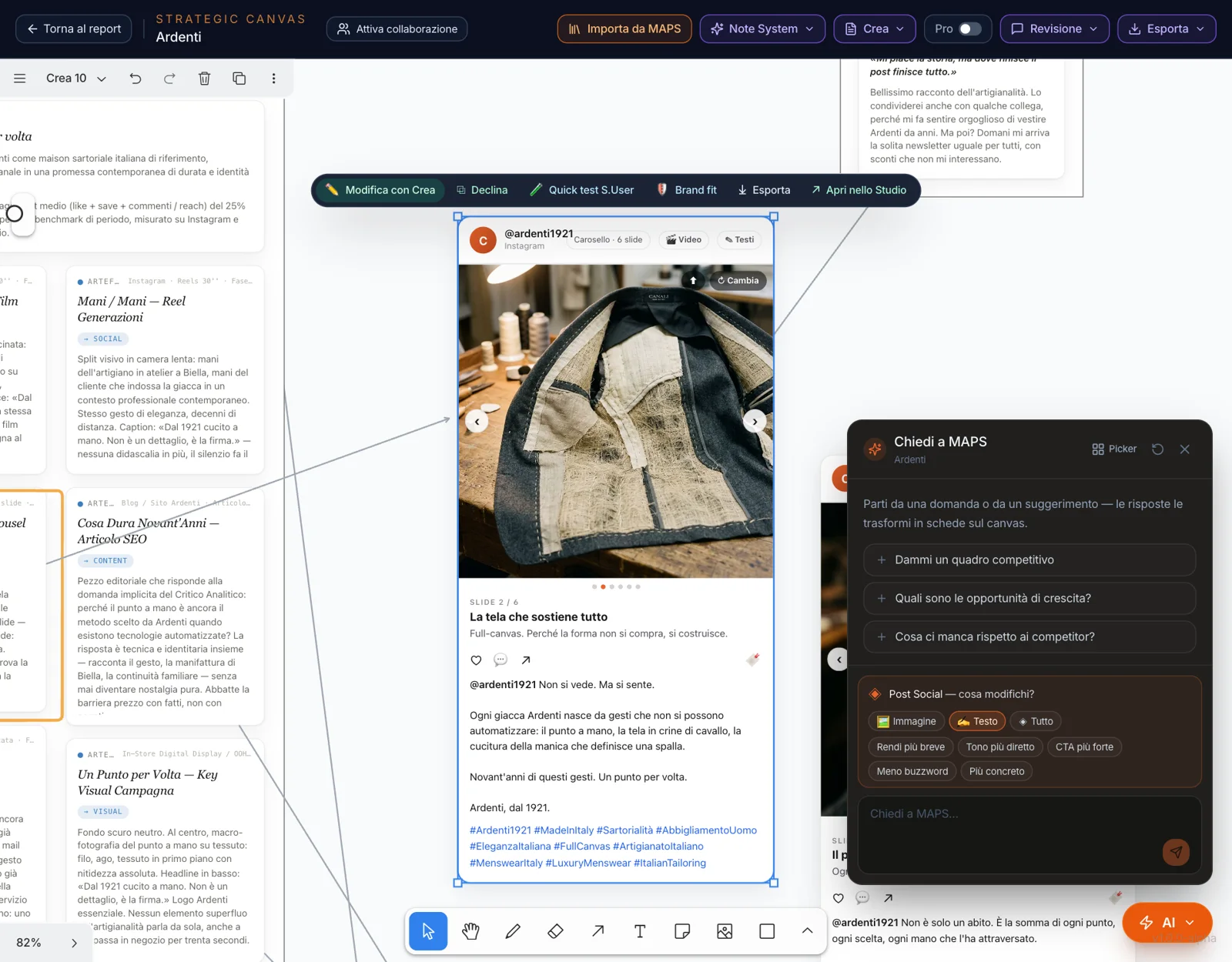Un post selezionato con le azioni sopra — Modifica con Crea, Declina, Quick test S.User, Brand fit, Esporta, Apri nello Studio — e la chat di Crea sul post