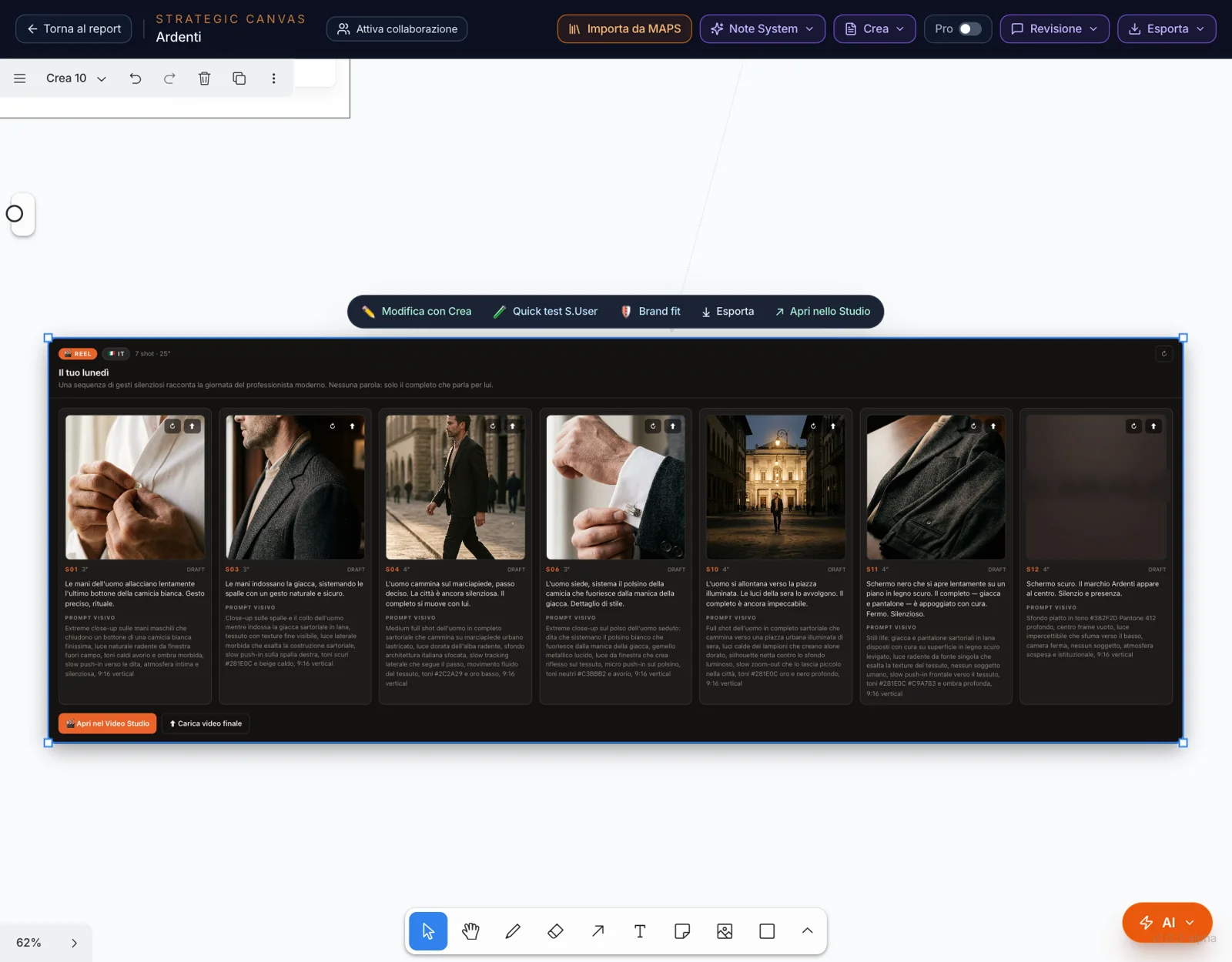 Lo storyboard di un reel: gli shot con i frame generati, la durata, l’azione e il prompt