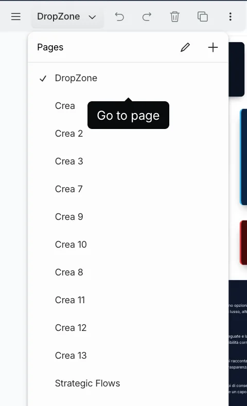 Il menu delle pagine: DropZone, le pagine Crea, Strategic Flows