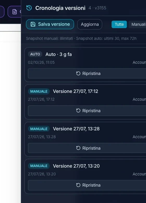 Cronologia versioni: manuali e automatiche, con Ripristina