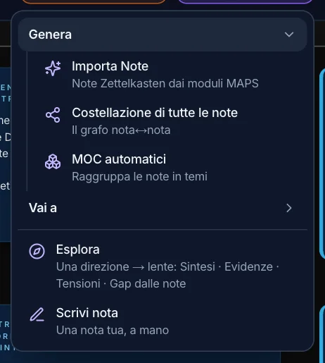 Il menu Note System: Importa Note, Costellazione, MOC automatici, Vai a, Esplora, Scrivi nota
