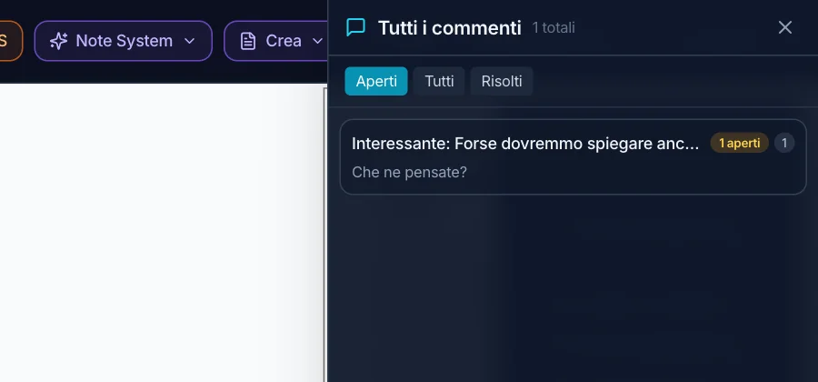 Tutti i commenti: aperti, tutti, risolti, raggruppati per elemento