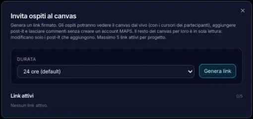 Invita ospiti al canvas: la durata del link, Genera link, i link attivi