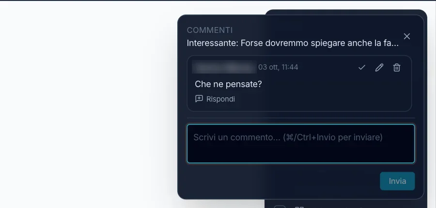 Il thread su una nota: autore, data, risolvi, modifica, rispondi