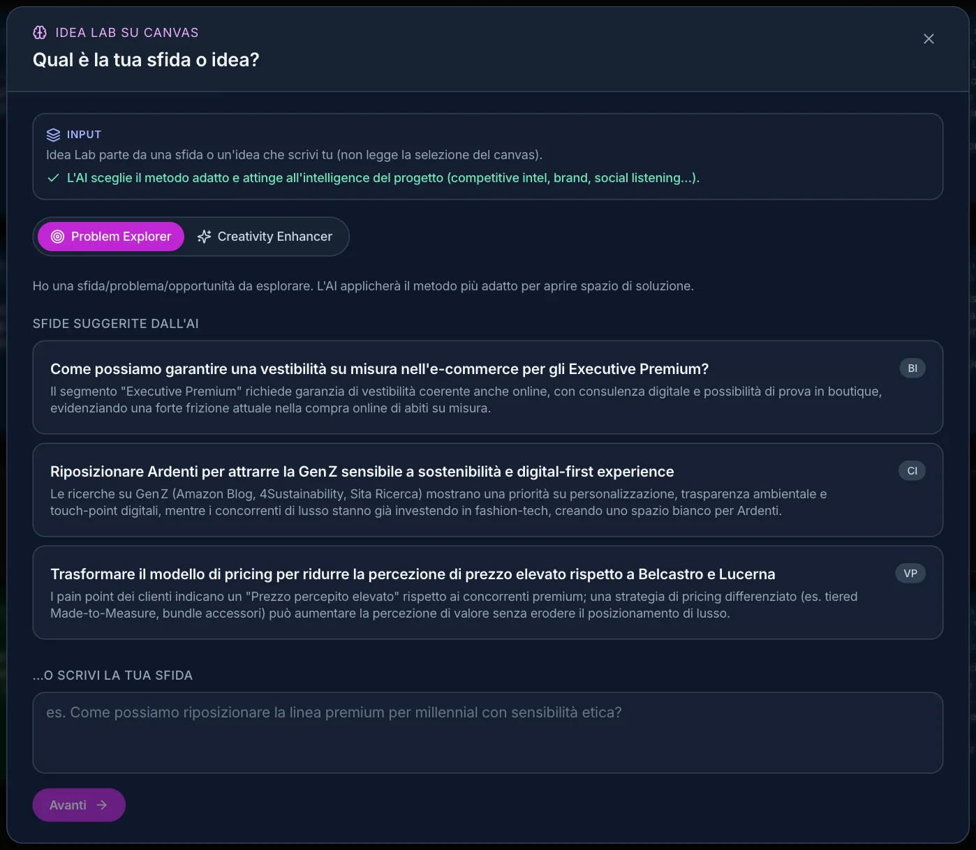 Idea Lab sul canvas: Problem Explorer o Creativity Enhancer, le sfide suggerite dal progetto