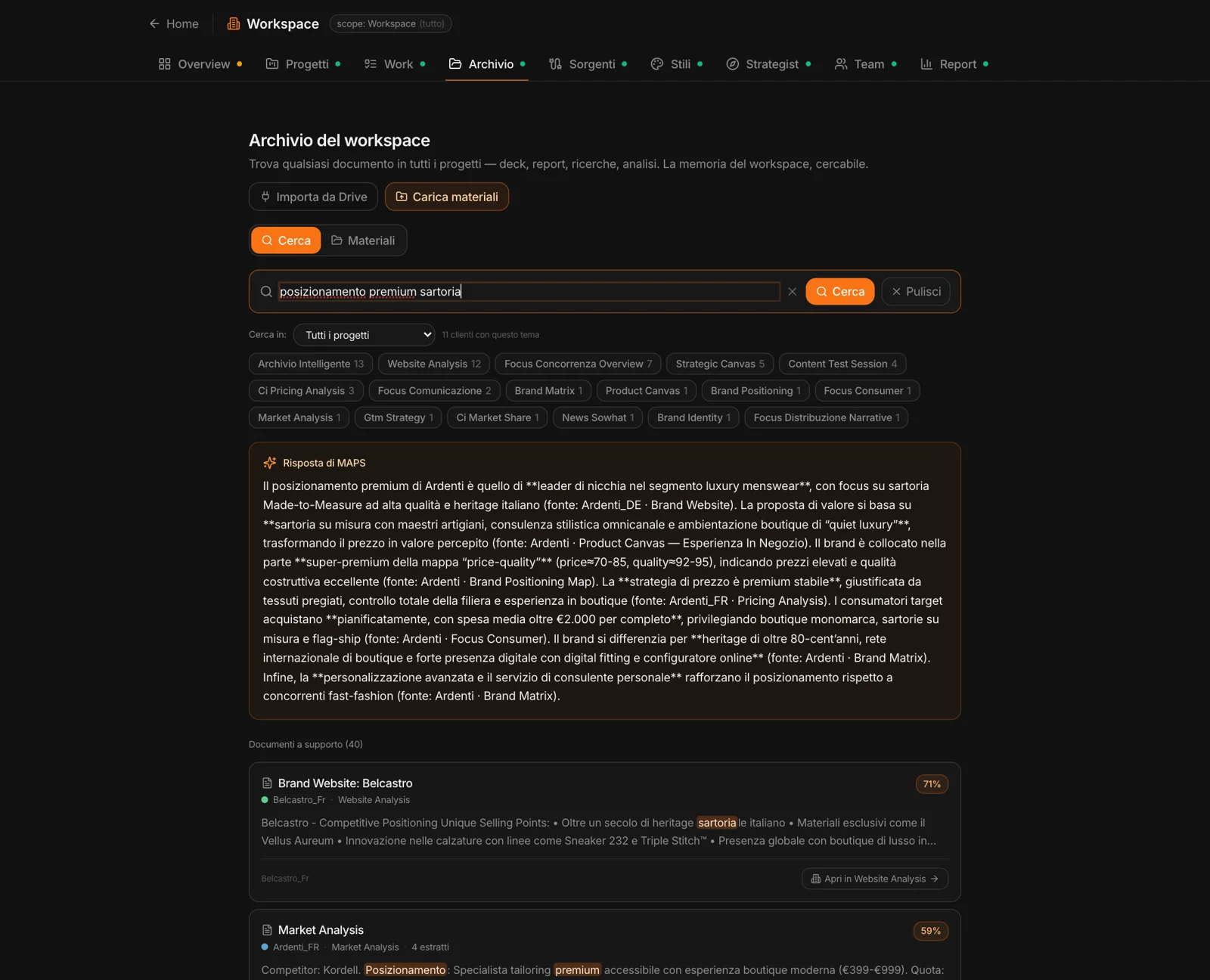 La ricerca nell’archivio: la risposta di MAPS sul posizionamento premium, poi i documenti pertinenti con la percentuale e l’estratto