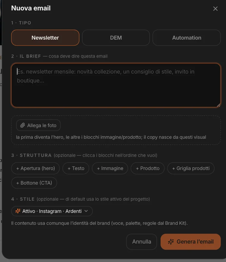 Nuova email: tipo (Newsletter, DEM, Automation), brief, foto, struttura a blocchi, stile