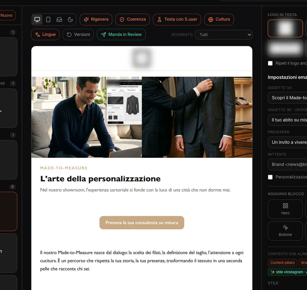 L’Email Studio: gli strumenti, l’email a blocchi con apertura, titolo, bottone e testo, le impostazioni con logo, oggetti A/B, preheader, mittente