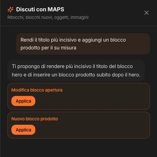 Discuti con MAPS: la richiesta, la risposta, due proposte da applicare — modifica dell’apertura e nuovo blocco prodotto