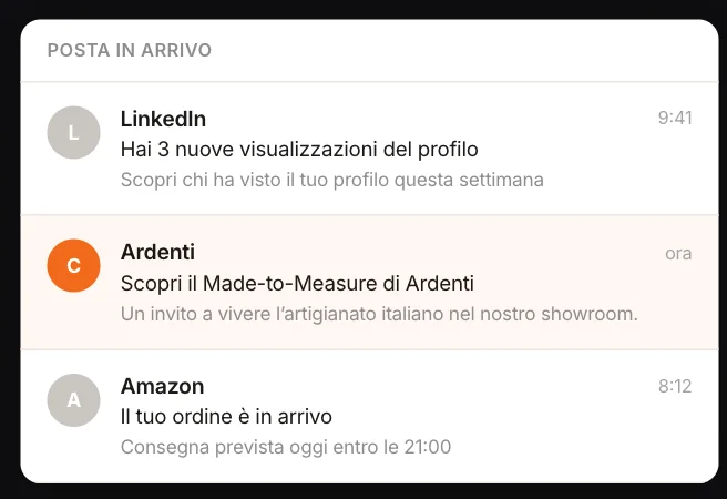 L’email nella posta in arrivo, con oggetto e preheader