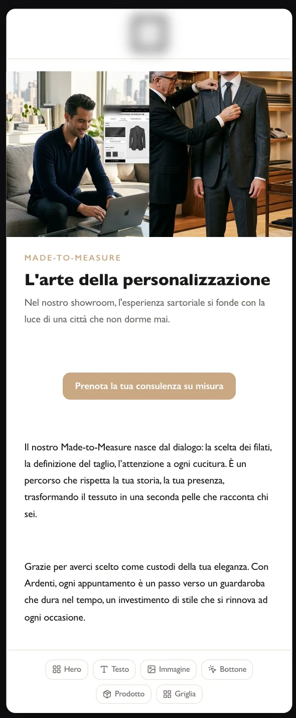 L’email nell’anteprima telefono: apertura con immagine, titolo, bottone, testo; la barra dei blocchi da aggiungere