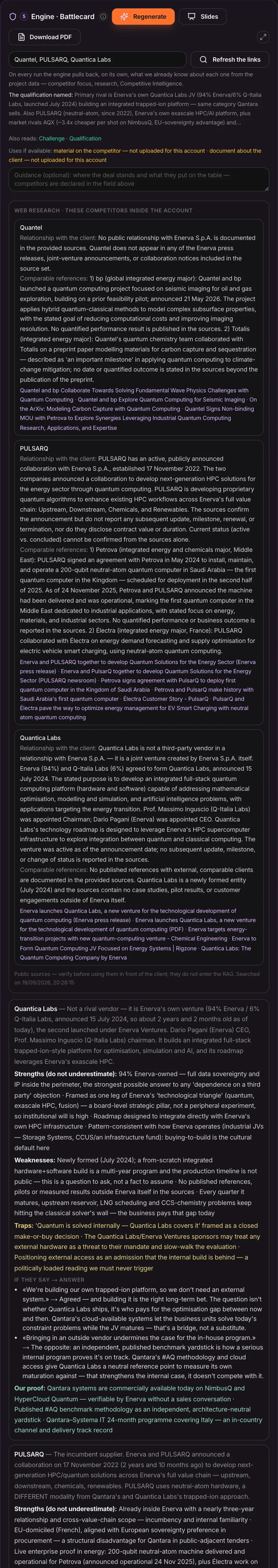 The Battlecard in MAPS: competitors with position, strengths, weaknesses, traps, ready answers and proof
