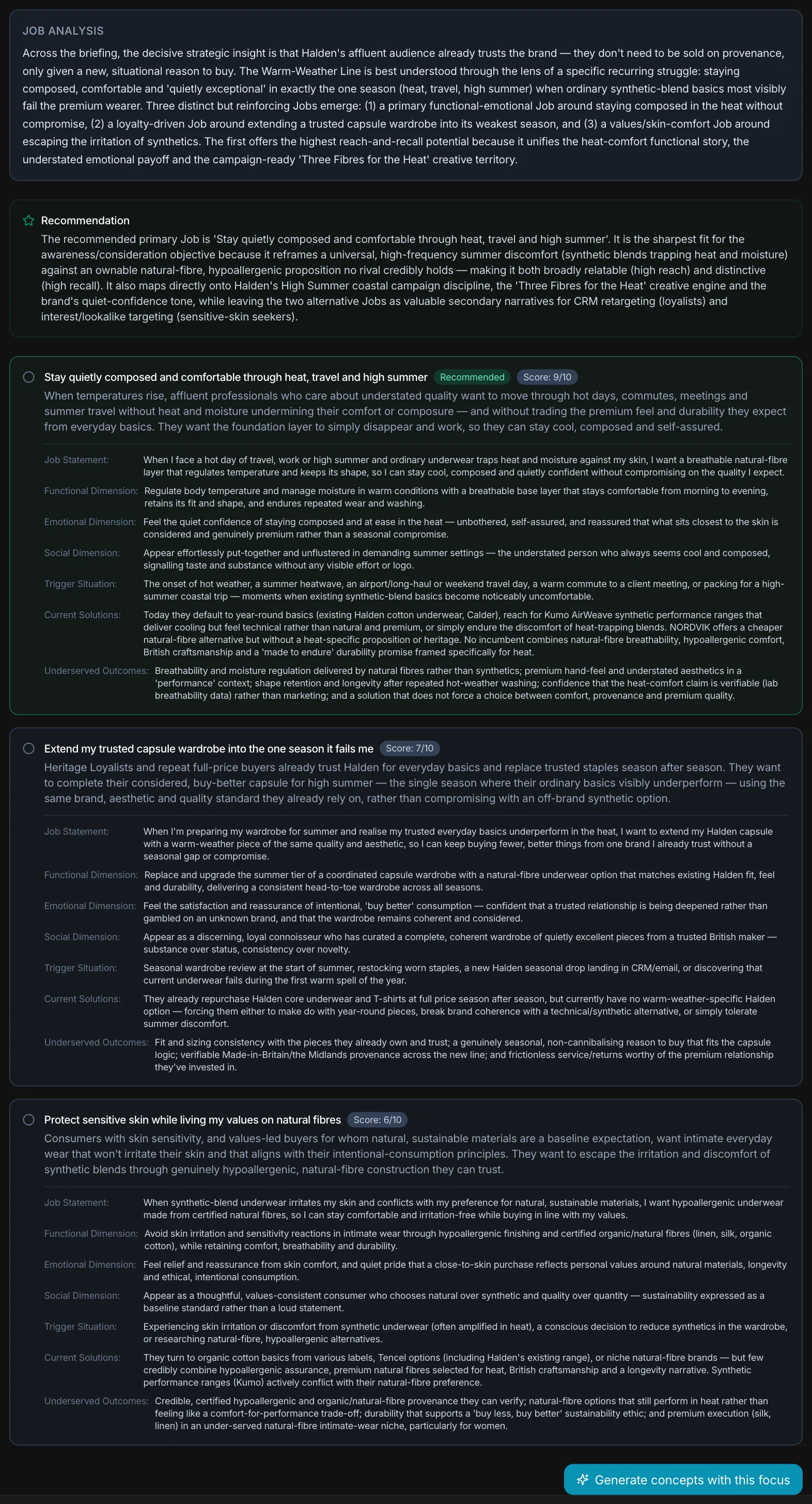 Job Analysis: recommendation, main job with statement and dimensions, alternative jobs