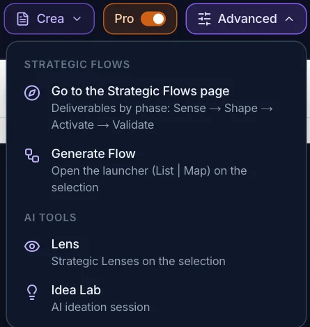 The Advanced menu: Go to the Strategic Flows page, Generate Flow, Lens, Idea Lab