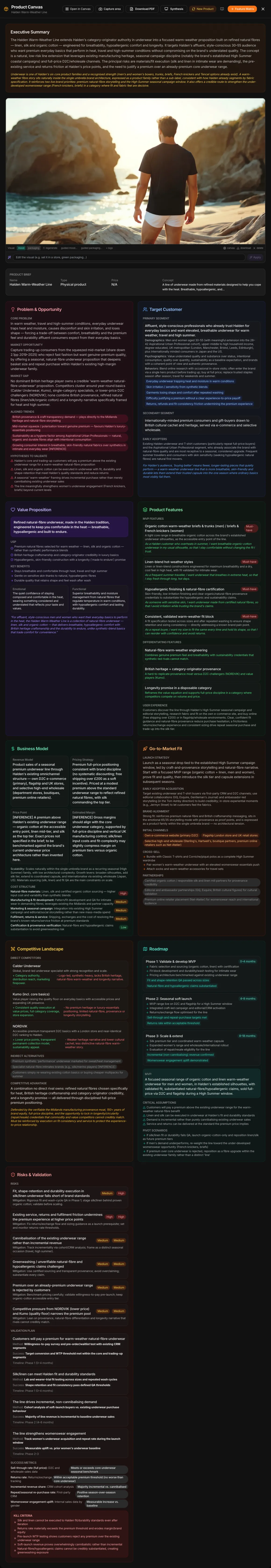 The concept for a travel jacket: summary, generated image, brief, problem and opportunity, customer, value proposition, features, business model, launch, competitors, roadmap
