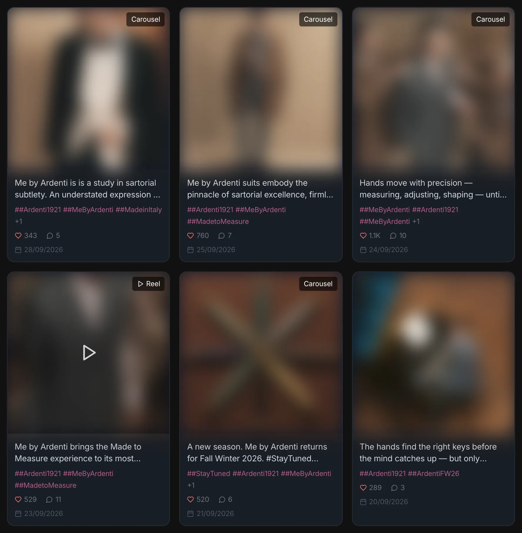 La griglia dei post Instagram di un concorrente, con formato, like, commenti e data
