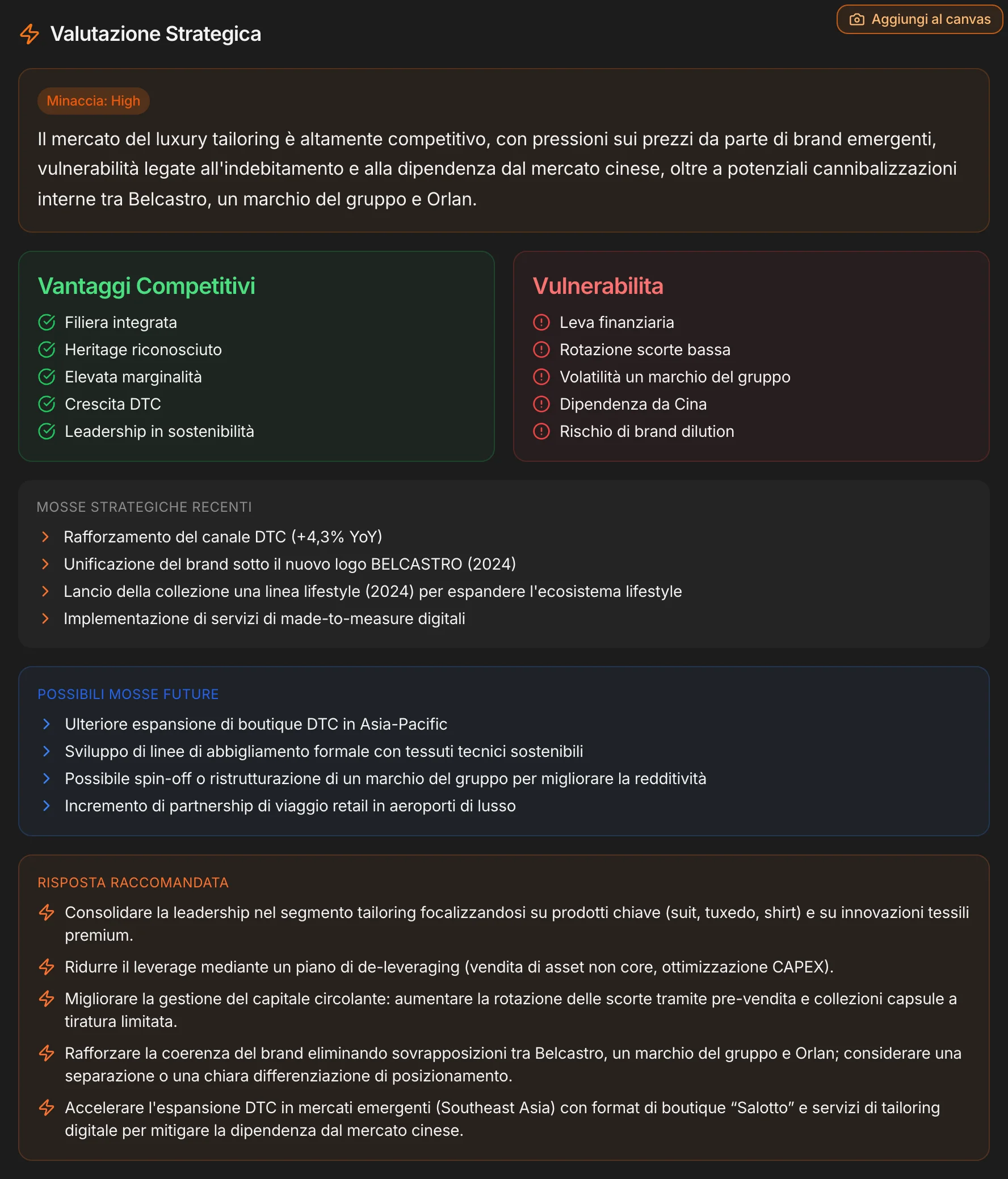 Valutazione strategica: vantaggi, vulnerabilità, mosse, risposta raccomandata
