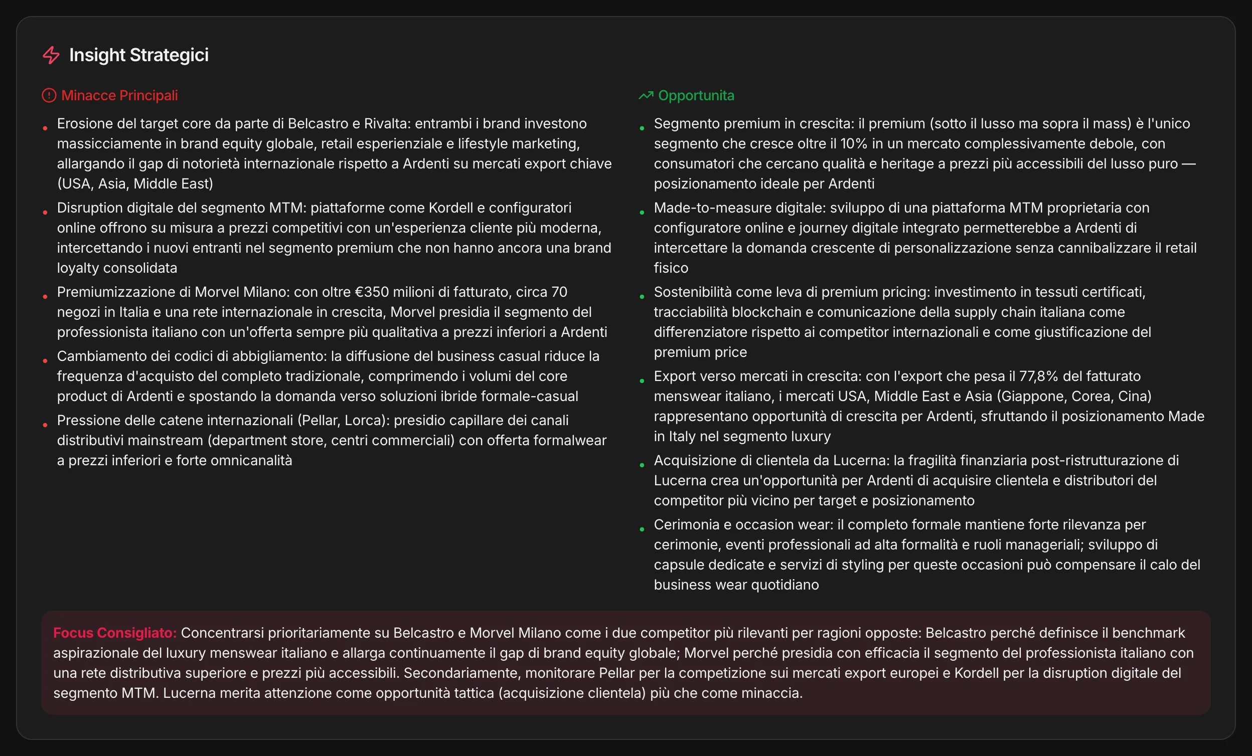 Minacce principali, opportunità e focus consigliato
