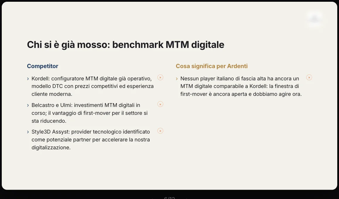 La stessa slide dopo la richiesta all'assistente: tre punti, uno per concorrente, e cosa significa per noi