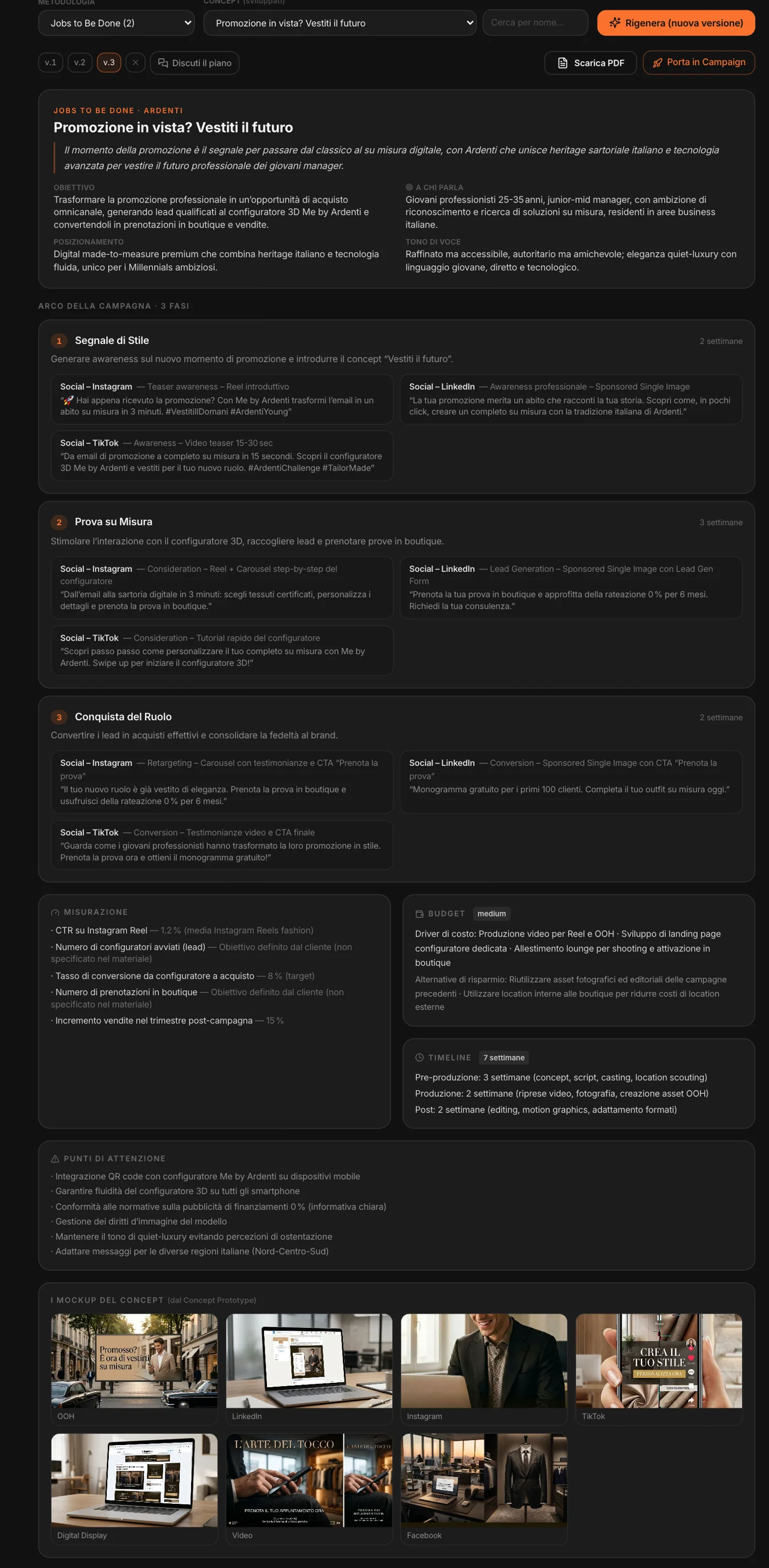 Il piano: tre fasi con i canali, misurazione, budget, timeline, punti di attenzione, i mockup