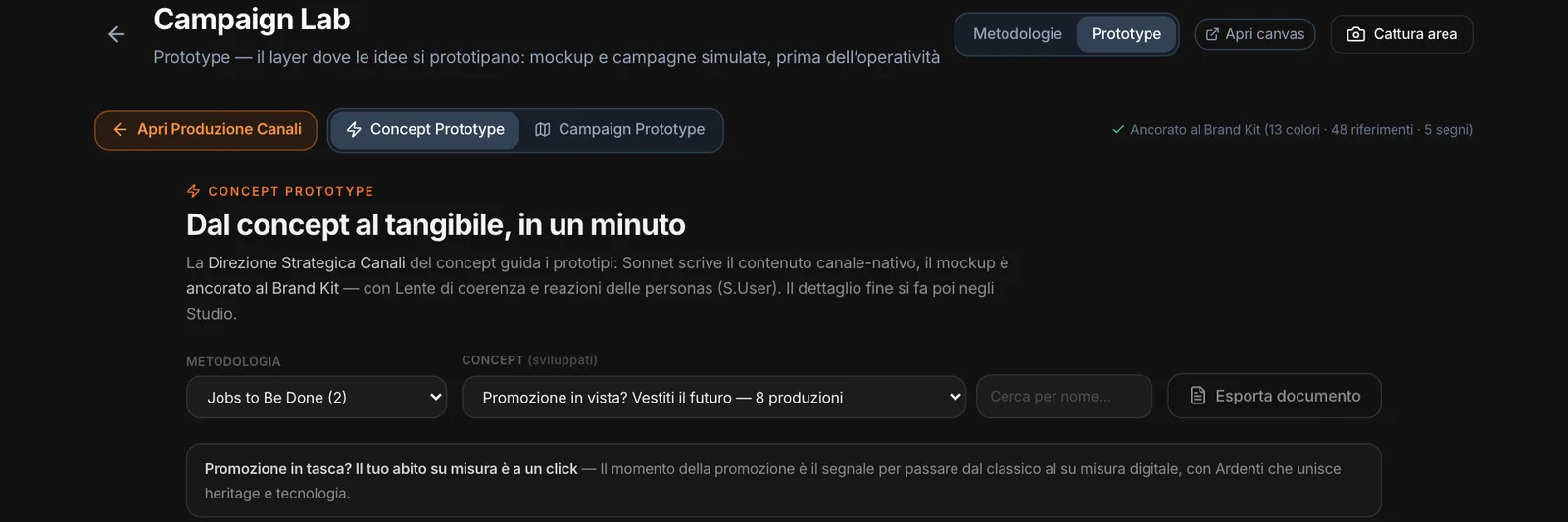 Concept Prototype: metodologia, concept, Esporta documento, ancorato al Brand Kit