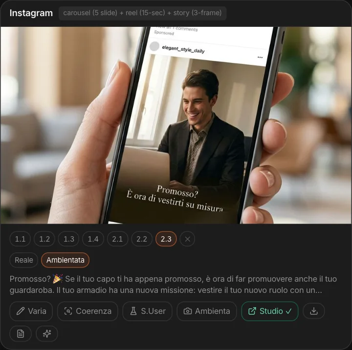 Un mockup Instagram del Concept Prototype, con varianti e versione ambientata