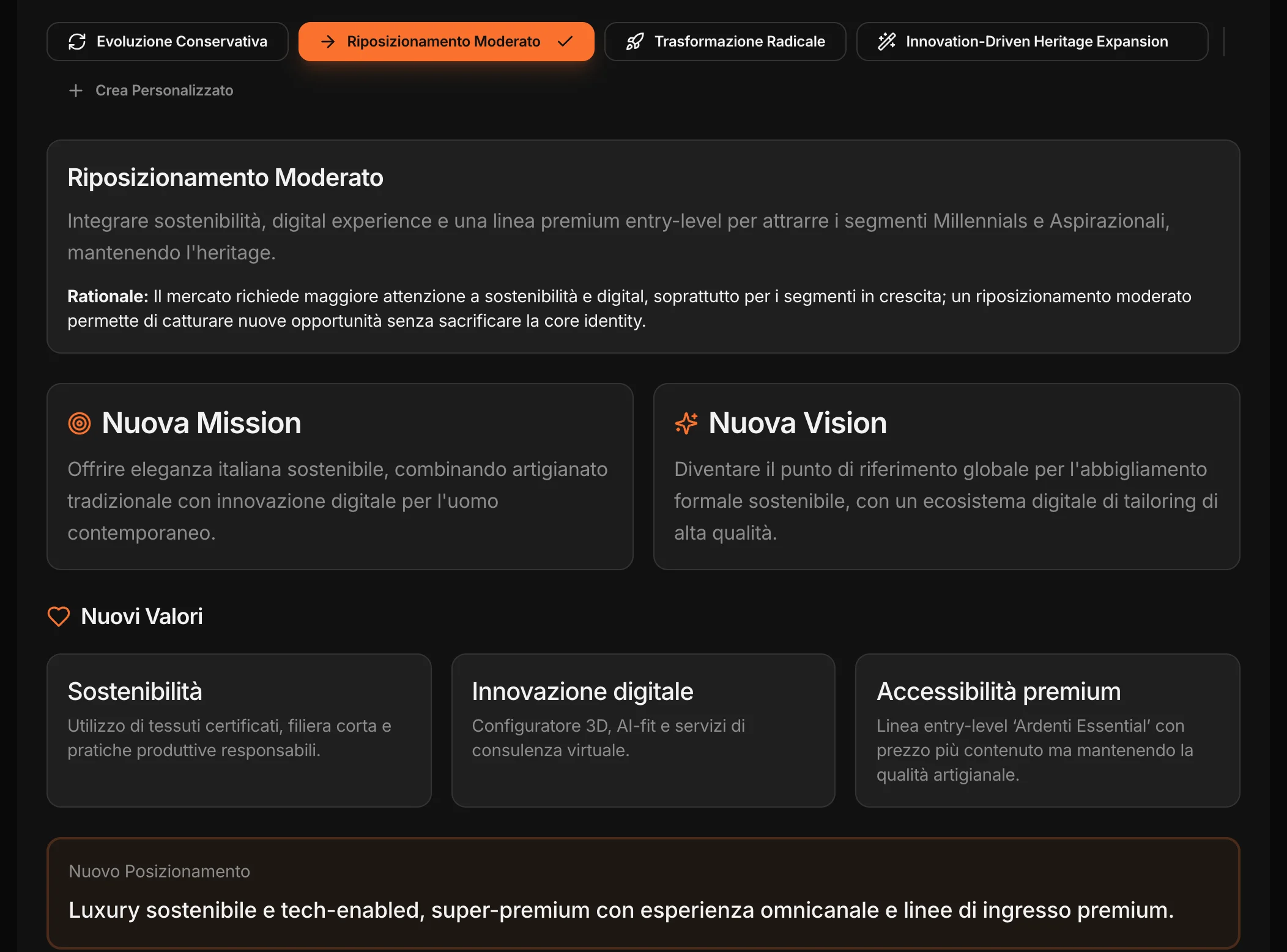Gli scenari di evoluzione: il riposizionamento moderato con nuova mission, vision e valori
