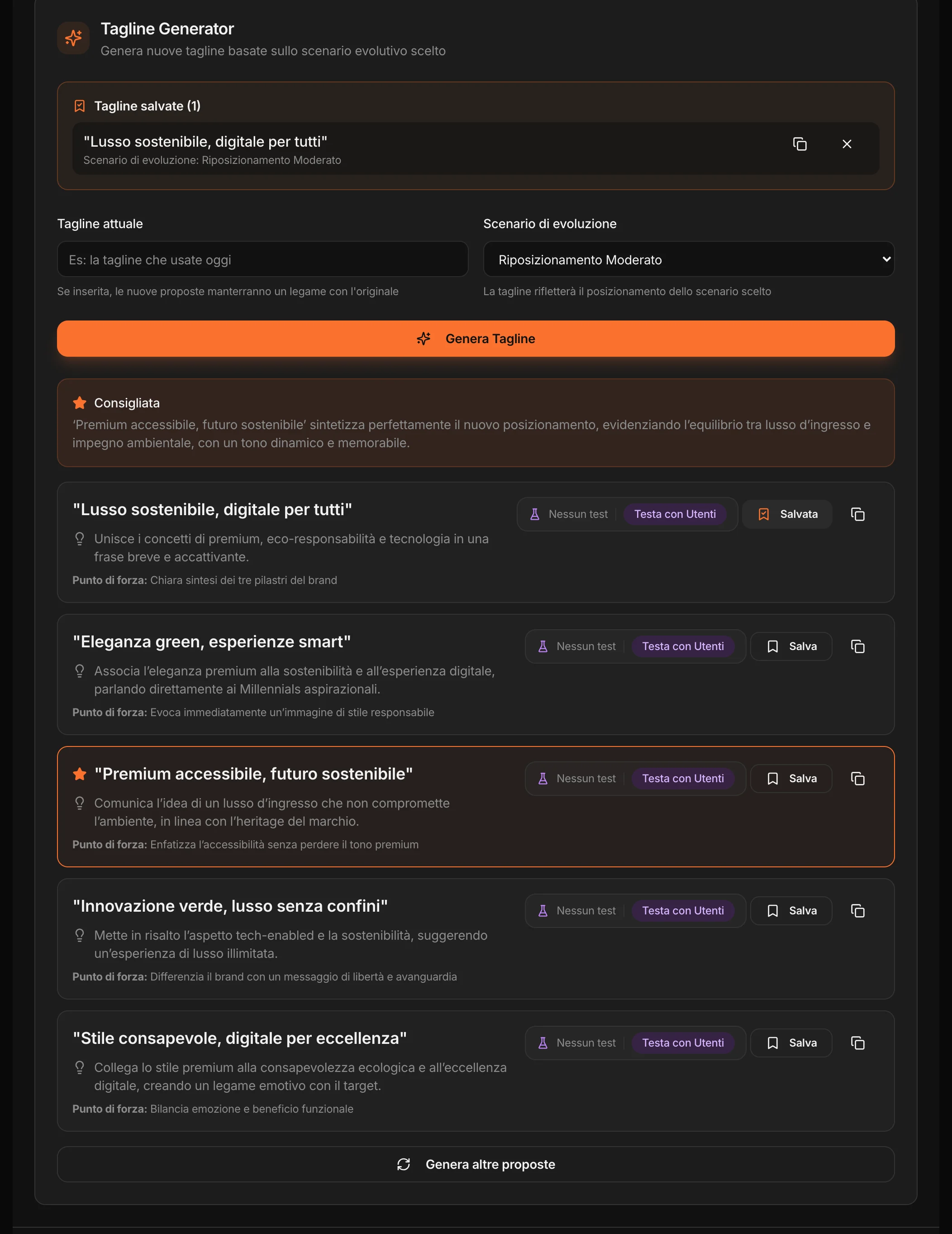 Il Tagline Generator: le tagline salvate in cima, poi cinque proposte con la consigliata