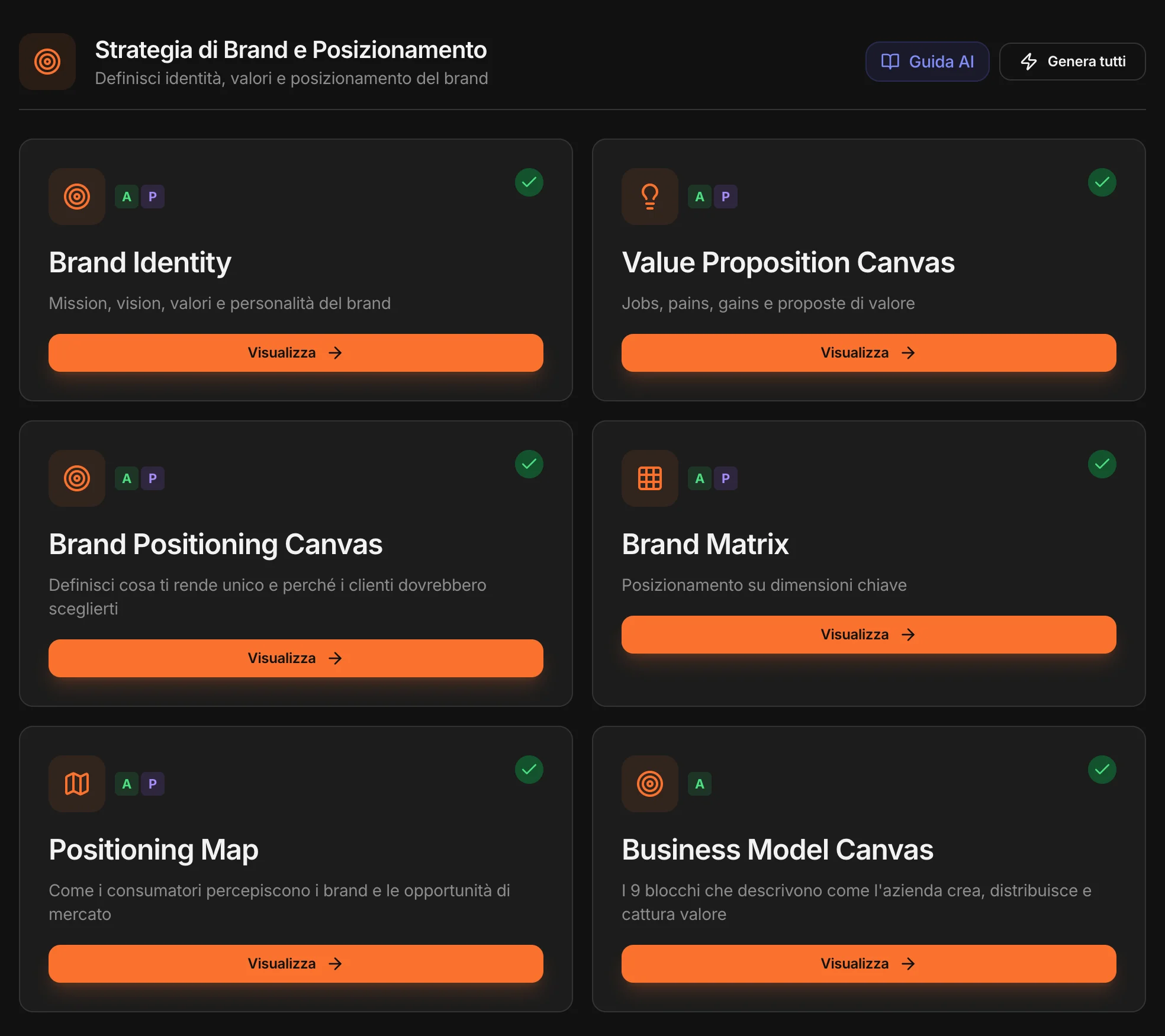 La categoria Strategia di Brand e Posizionamento nell'app: i sei strumenti