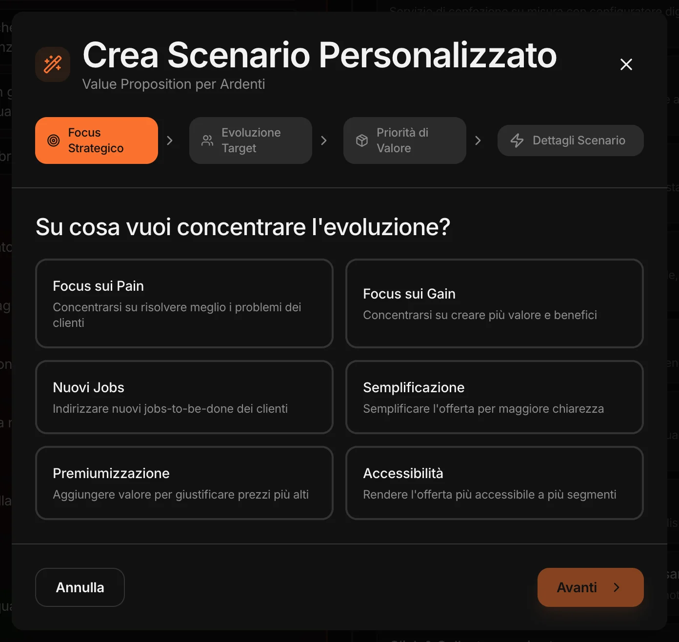 Crea Scenario Personalizzato: su cosa concentrare l'evoluzione